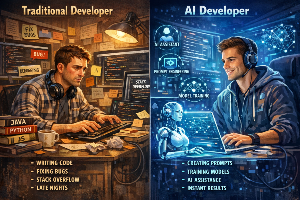 The illustration image between ai developer and traditional developer